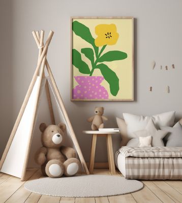 Yellow Flower With Green Leaves In A Pink Vase