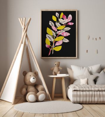 Pink and yellow leaves with black background gouache painting