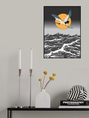 Crane Flying over Stylized Waves