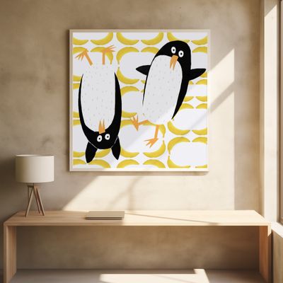 Funny Penguins with Banana Pattern Background by Carla Daly