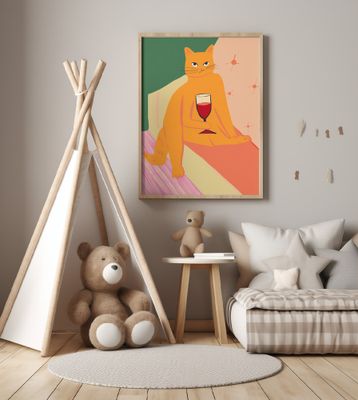 Big orange ginger cat enjoying a wine