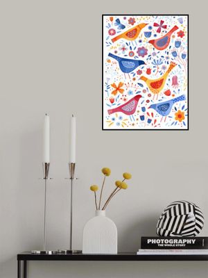 Birds In A Garden Of Flowers Red Yellow Blue