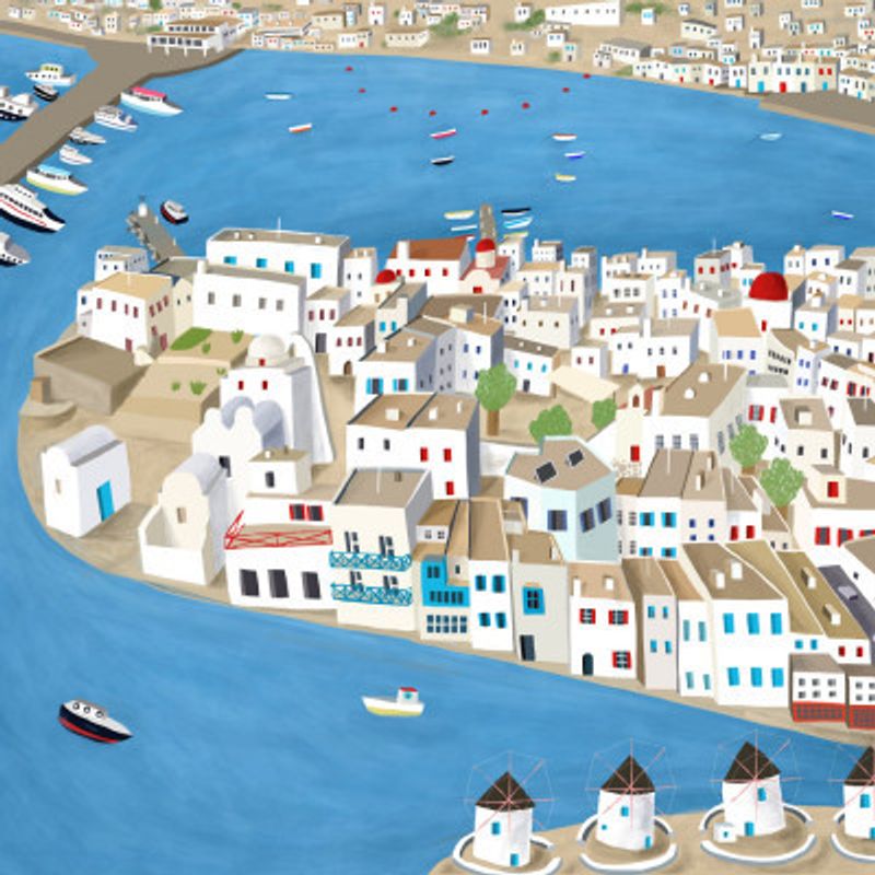Mykonos, Greece Harbor with White Washed Buildings by Carla Daly