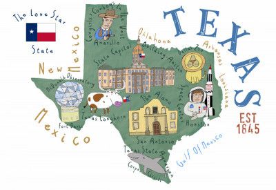 Texas State Map by Illustrated by Artist Carla Daly