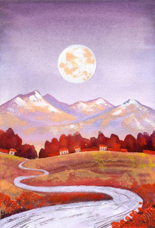 Full Moon Purple Orange Mountain and River Landscape