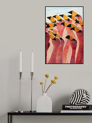 Group of Pink Flamingos With Heads Up