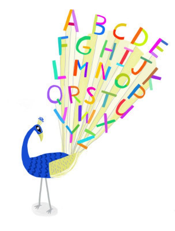 Beautiful Peacock with Alphabet Letters in Plume