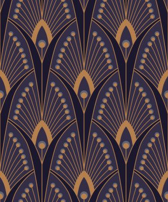 Geometric Art Deco Peacock Feathers Dark Blue