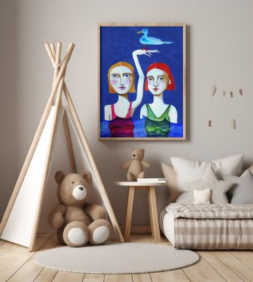 Swimming Ladies with Blue Bird