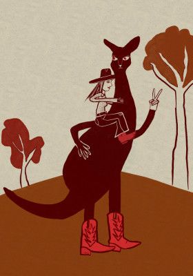 Red kangaroo with cowgirl