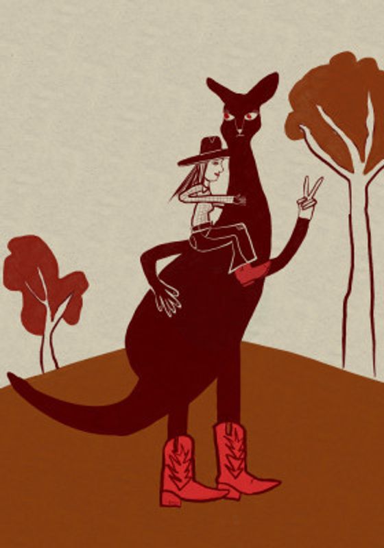 Red kangaroo with cowgirl