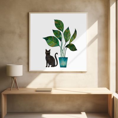 Black Cat With Houseplant