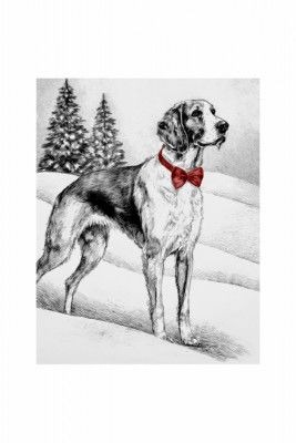 Winter Scenes: Holiday Dog In Snow With Red Bow 2