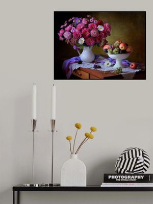 Still life with a bouquet of asters and fruits