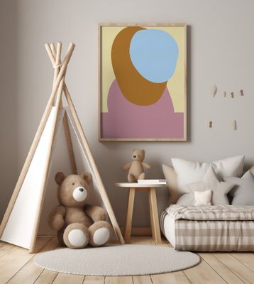 Abstract pastel shapes in lilac, burnt orange and light blue.