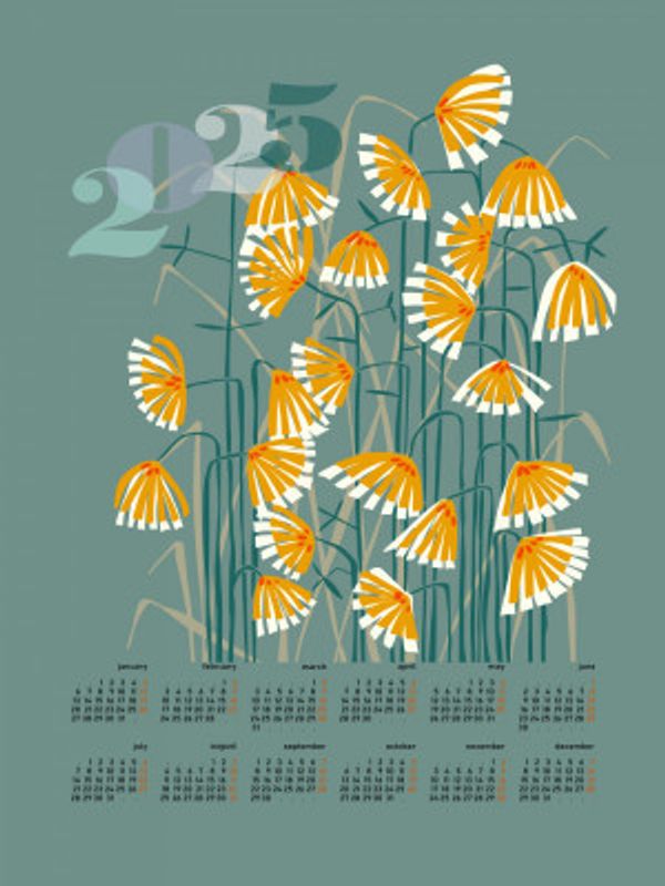 calendar 2025 Linocut flowers green