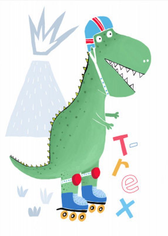 Funny T-Rex on Rollerblades with Volcano by Artist Carla Daly