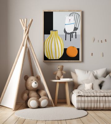 Funny White Dog with Yellow and White Stropped Vase by Carla Daly