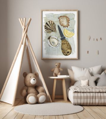 Oyster and a Shucker, foodie art, coastal whimsical mermaid, seafood