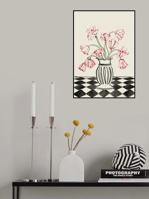 Pink Tulips In a Vase with Checkered Diamonds