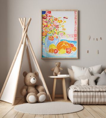 Still life with Strawflowers Bouquet and Plate of Pumpkin and Fruit, Tamara Jare, oil on canvas