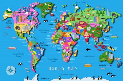 Illustrated World Map with Countries and Continents by Carla Daly