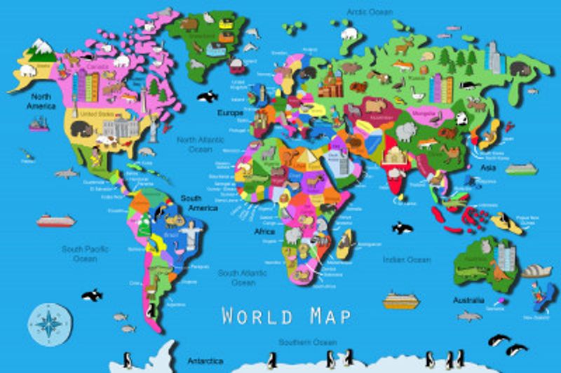 Illustrated World Map with Countries and Continents by Carla Daly