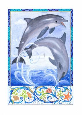 Two Playful Dolphins Above Ocean Waves