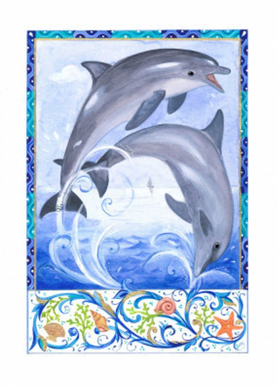 Two Playful Dolphins Above Ocean Waves