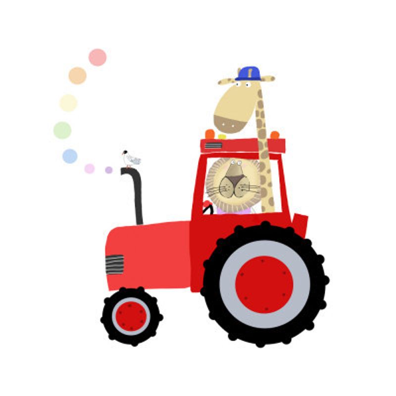 Giraffe and Lion in Red Tractor with Rainbow Spots by Carla Daly