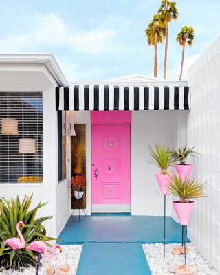 Pink Door with Yard Flamingos