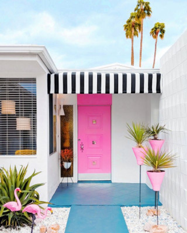 Pink Door with Yard Flamingos