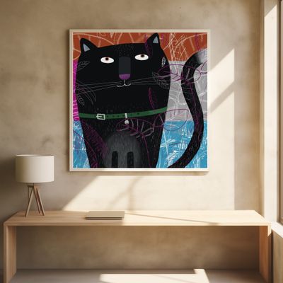 Black Cat with Falling Autumnal Leaves by Artist Carla