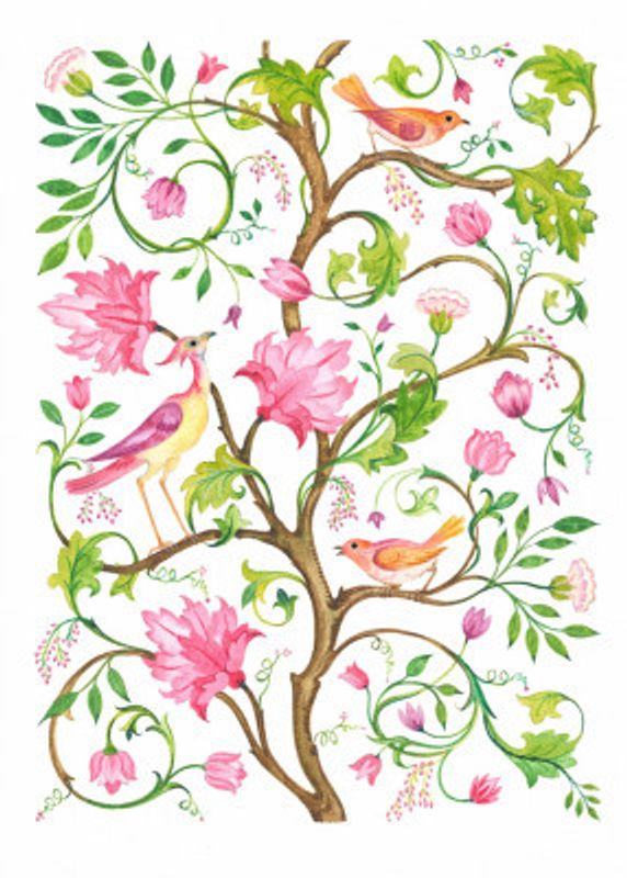 Pink Flowers and Colorful Birds