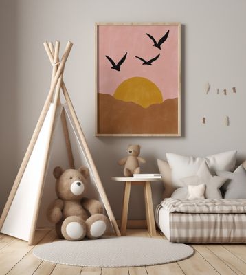 Sunset With Three Silhouetted Birds Flying