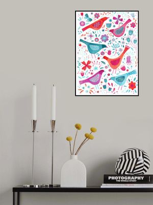 Birds In A Garden Of Flowers Teal Pink Orange