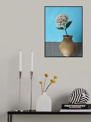 Hydrangea Still Life Painting – White Flower in Vase on Blue and Houndstooth Background - 016