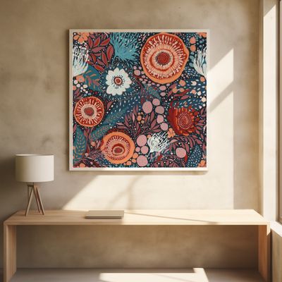 whimsical folk art-inspired pattern. Hand-painted flowers and foliage