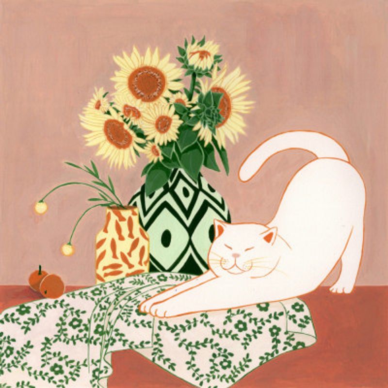 Cat Stretching by Sunflowers