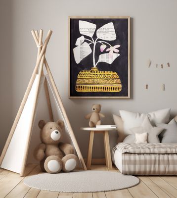 Leaves and flowers in midcentuy vase with black background