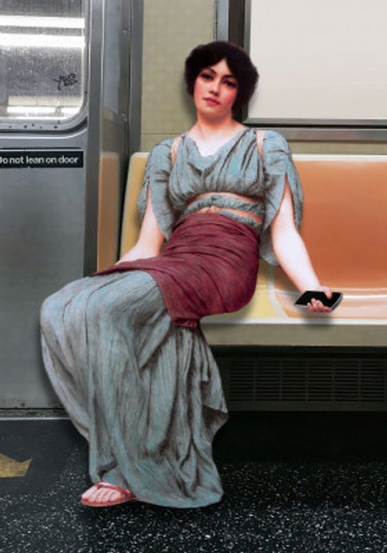 A Woman in Ancient Attire Seated in a Subway