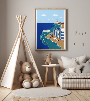 Seaside Beach Huts and Lighthouse