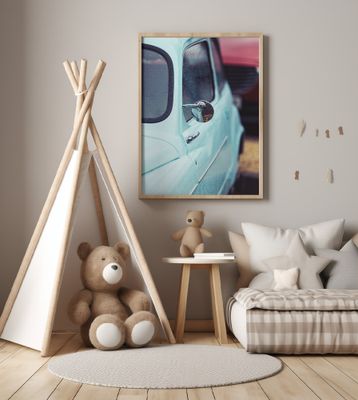 Vintage Blue Car with Raindrops