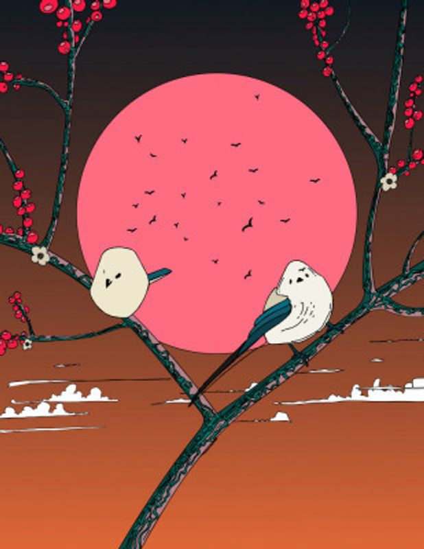 Two Stylized Birds Perched on Branches