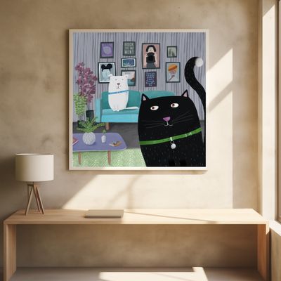 Black Cat and White Dog in Trendy Interior by Carla Daly