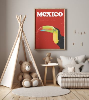Mexico Toucan vintage Travel Poster Red