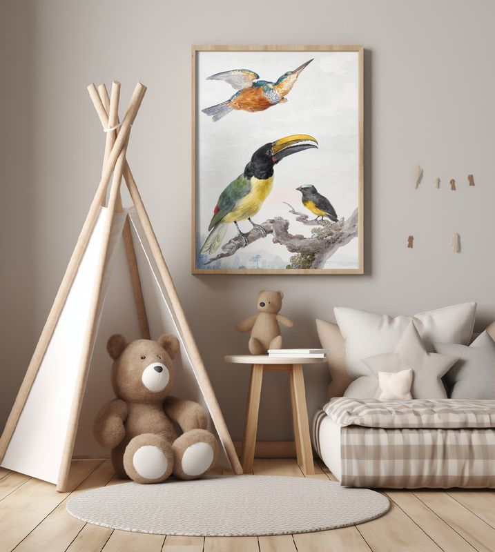 Three Birds  a Kingfisher, a Prince Von Wied's Toucan and an Sparrow