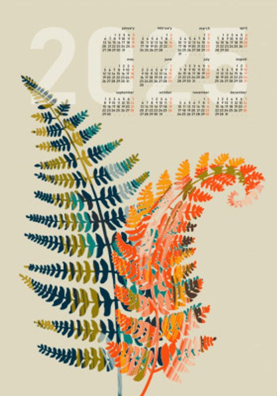 Calendar 2025 colorful fern leaves
