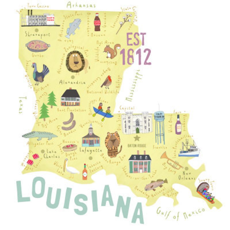 Beautifully Illustrated Map of Louisiana by Artist Carla Daly