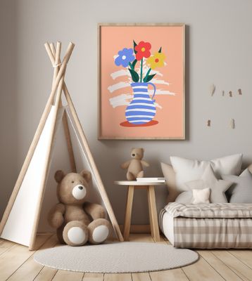 Striped Vase Holding Colorful Flowers